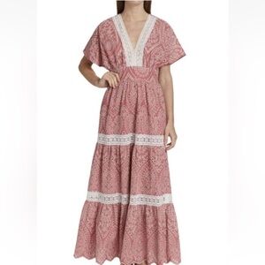 Elie Tahari Lace Trimmed Tiered Eyelet Maxi Dress HIGHLAND RED Size 16 $495 NEW